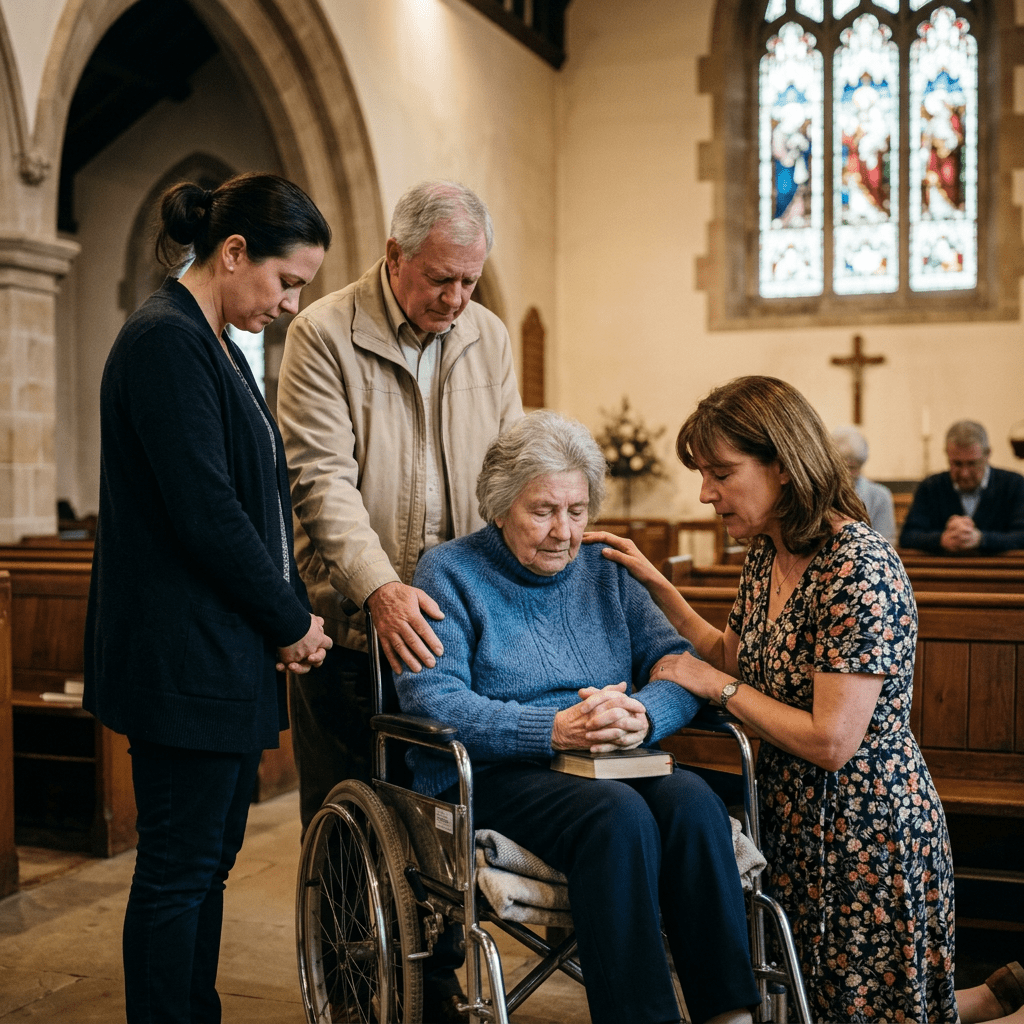 Family praying with elderly woman in wheelchair inside church